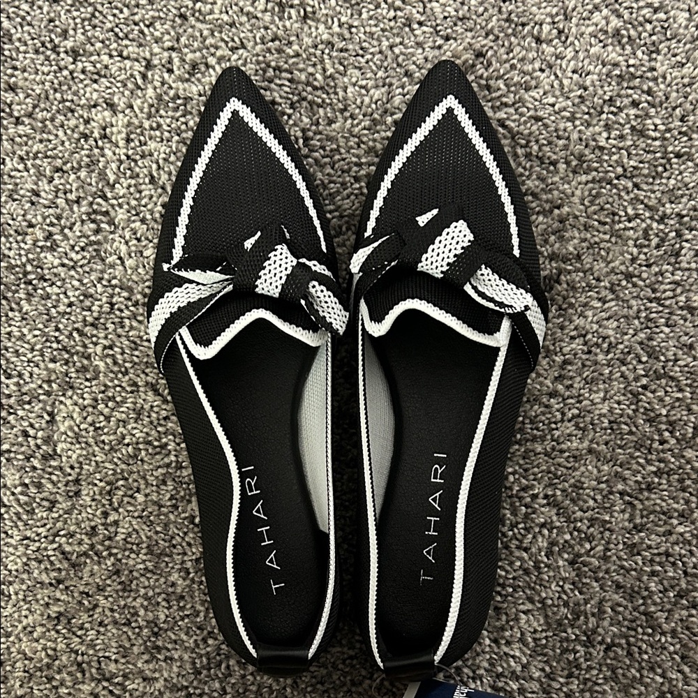 Tahari Black and White Pointed Knit Bow Slip-On Flats